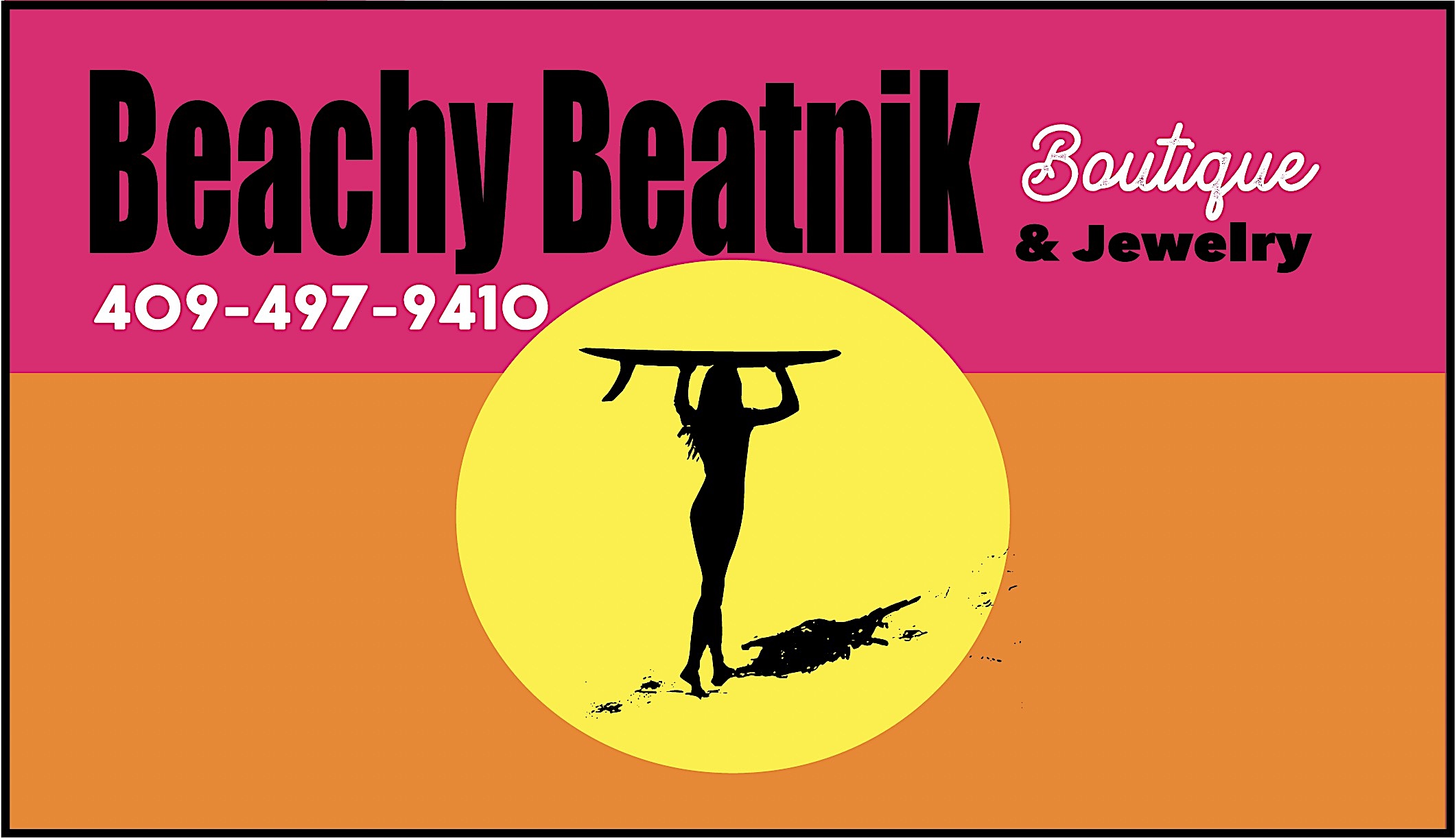 Beachy Beatnik Logo sunset of surfer on beach with Beachy beatnik name across top
