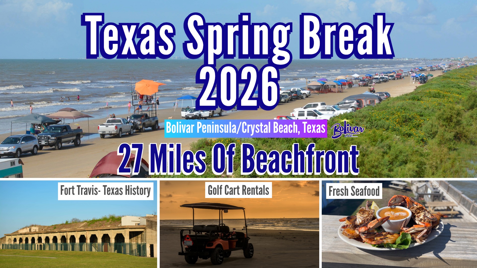 A view fo Spring Break Beachfront, a Golf Cart rental and Fresh Seaffood in Crystal Beach, Texas.