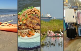 Views around Bolivar Peninsula, the beach, fresh sefood platter, birds and clothing store.