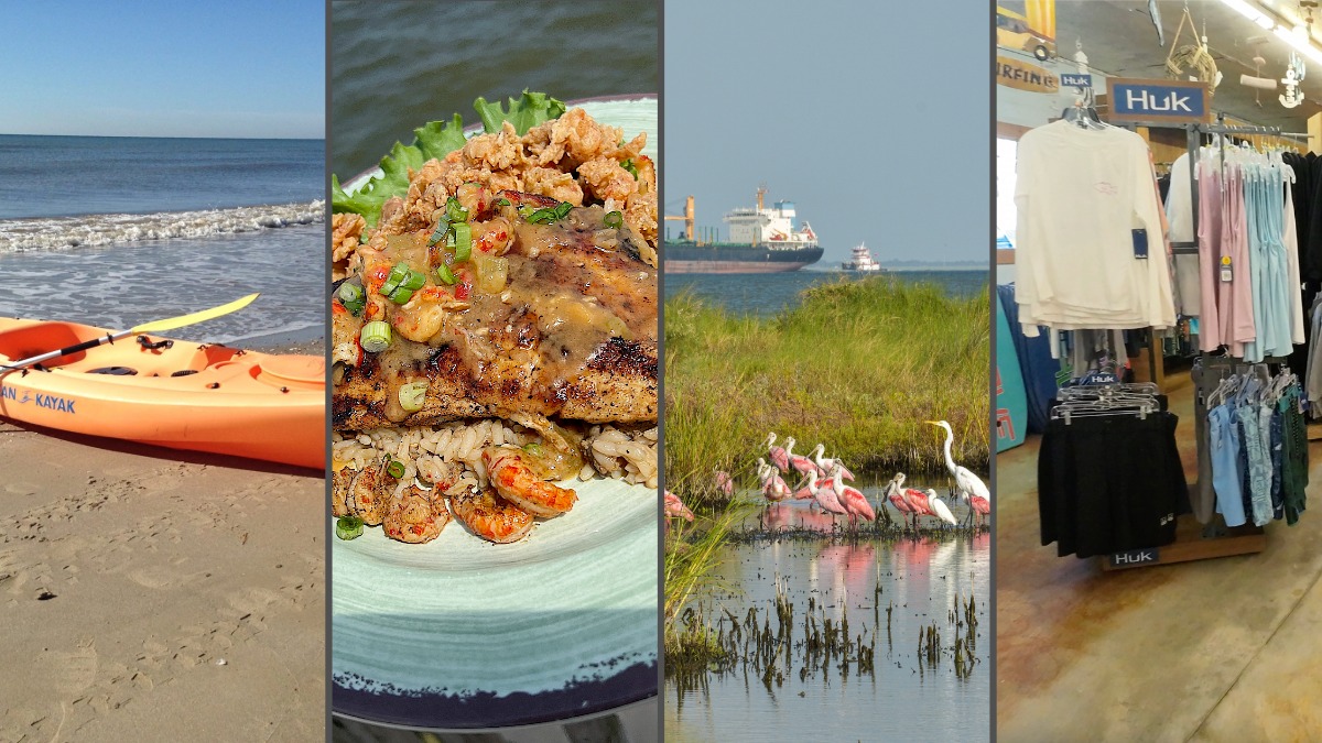Views around Bolivar Peninsula, the beach, fresh sefood platter, birds and clothing store.