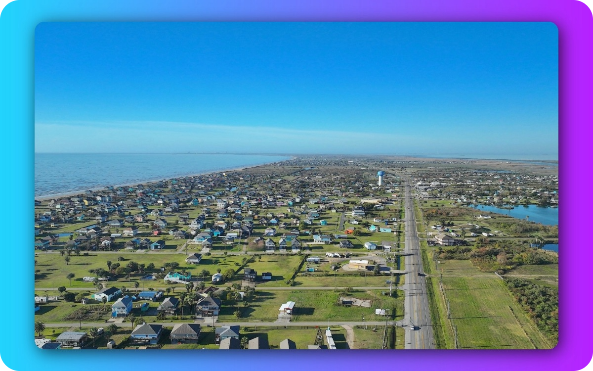 Aerial view over Crystal Beach Texas, Beach and Water Tower