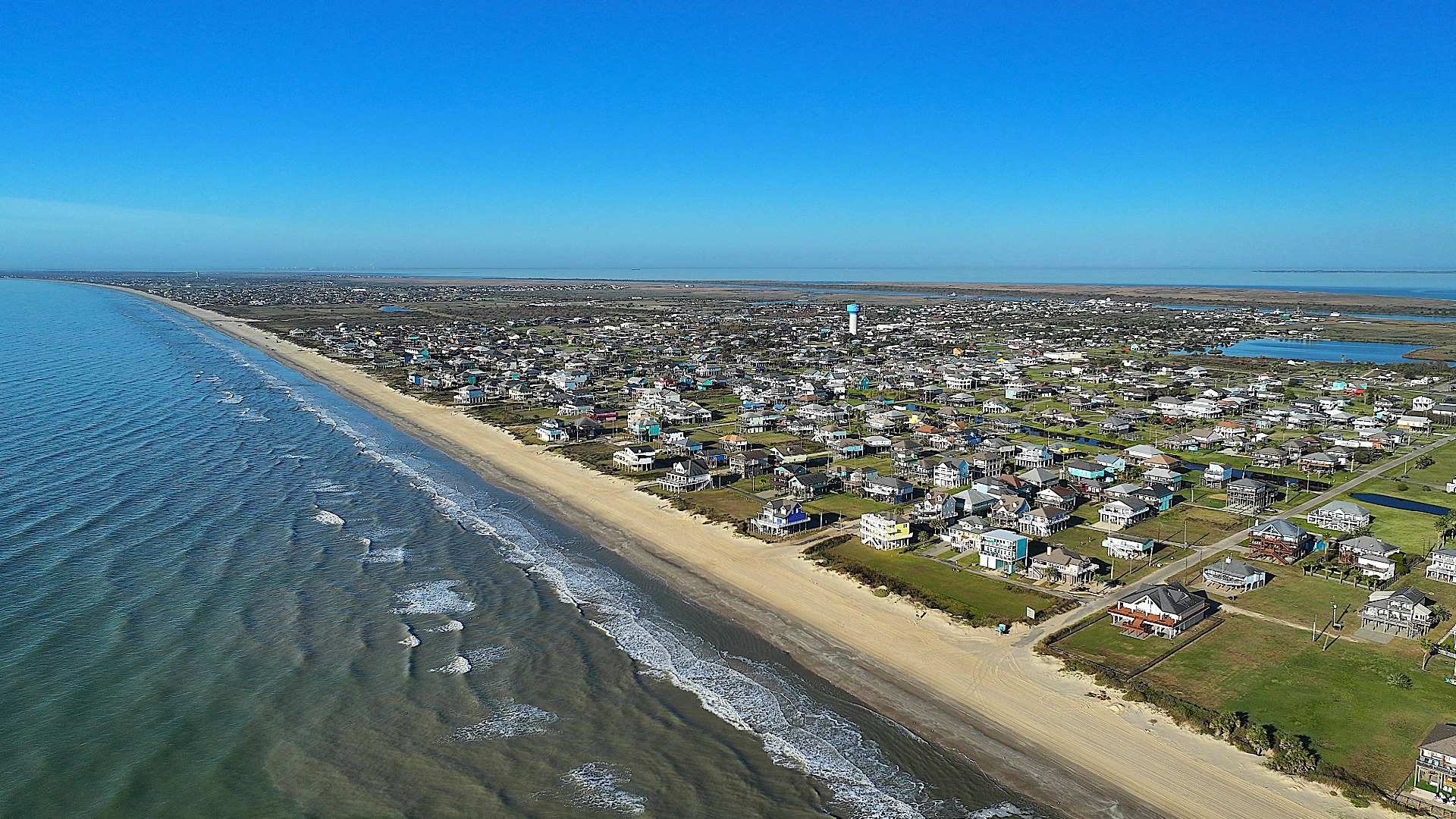 aerial view of beach and crystal beach texas