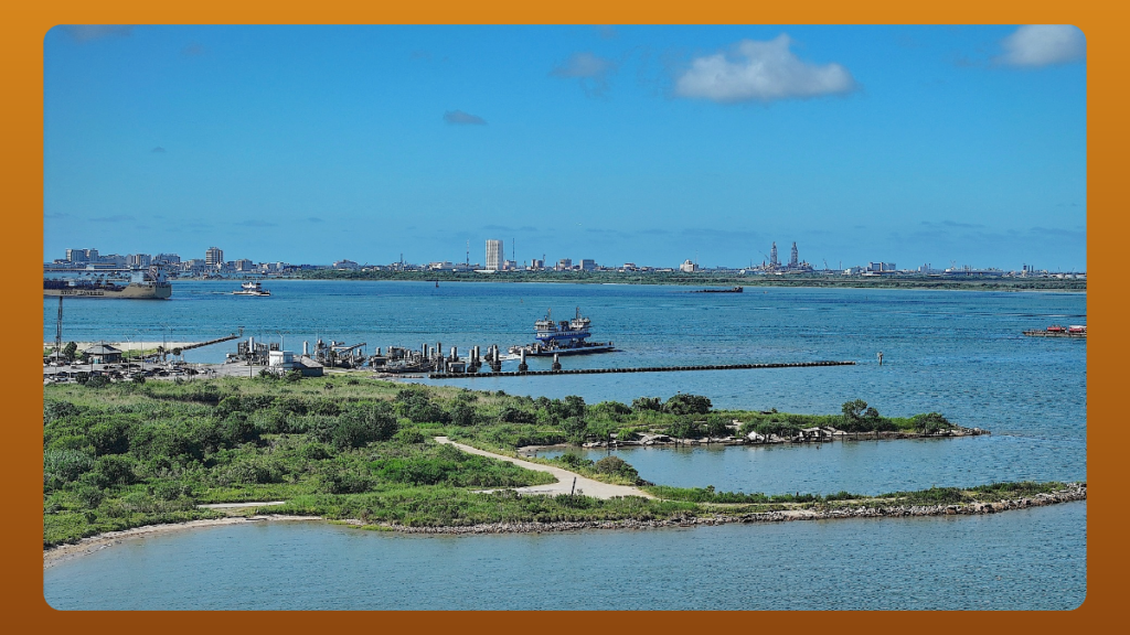 Aerial Bolivar Ferry Landing Looking Towards Galveston Texas